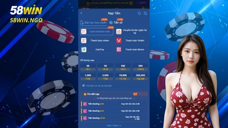 Giao diện nạp tiền 58WIN