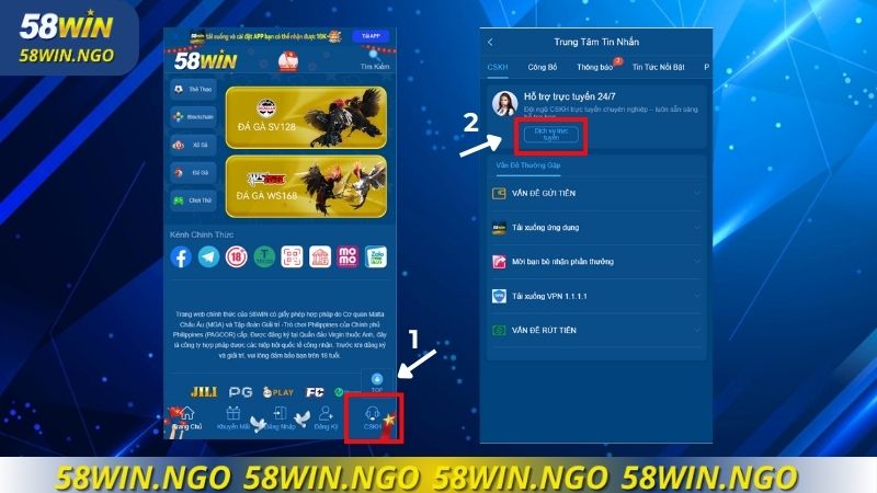 Nhấp vào CSKH ở góc phải màn hình